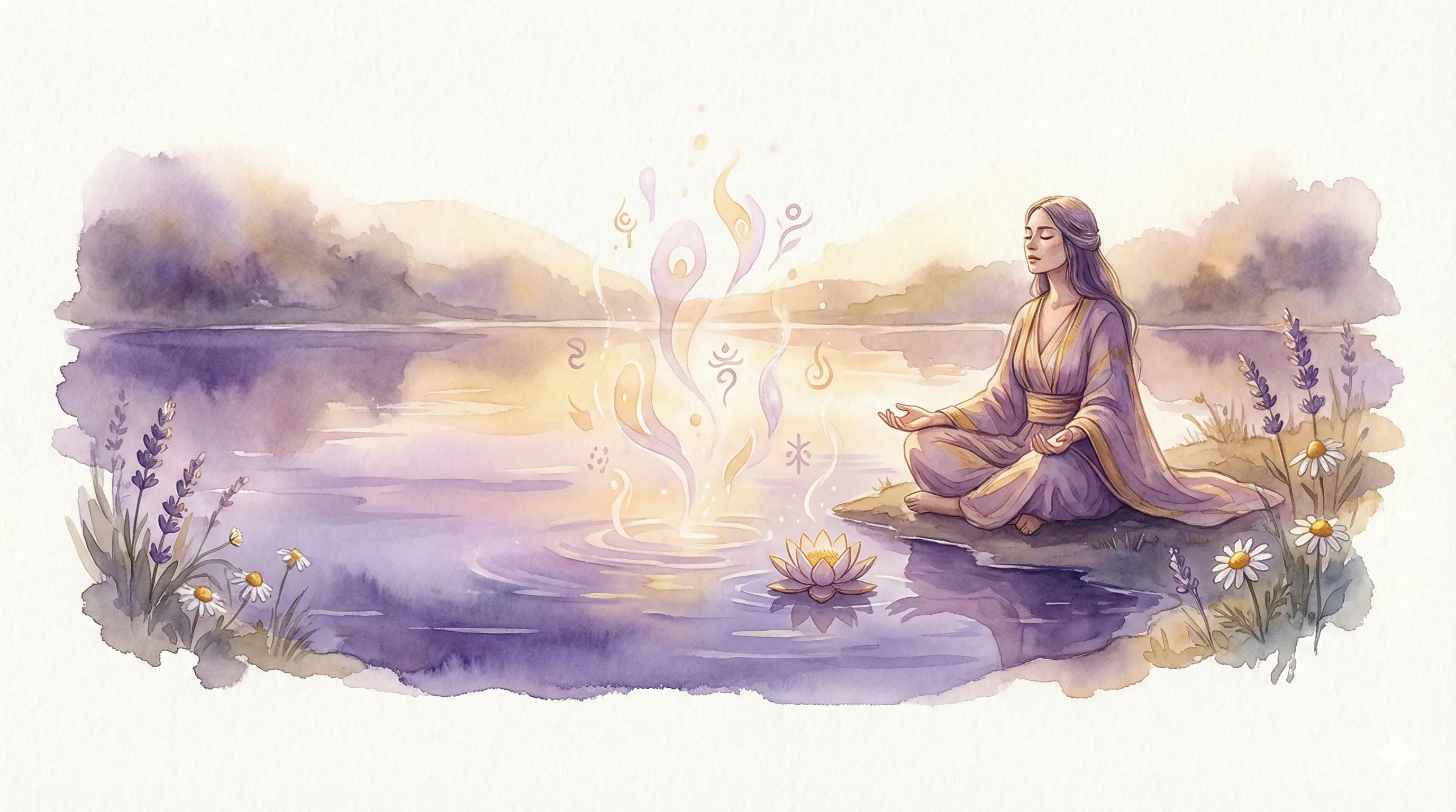 Ilustração em aquarela de uma mulher sentada em silêncio junto a uma árvore antiga, com raízes visíveis e luz filtrada entre folhas