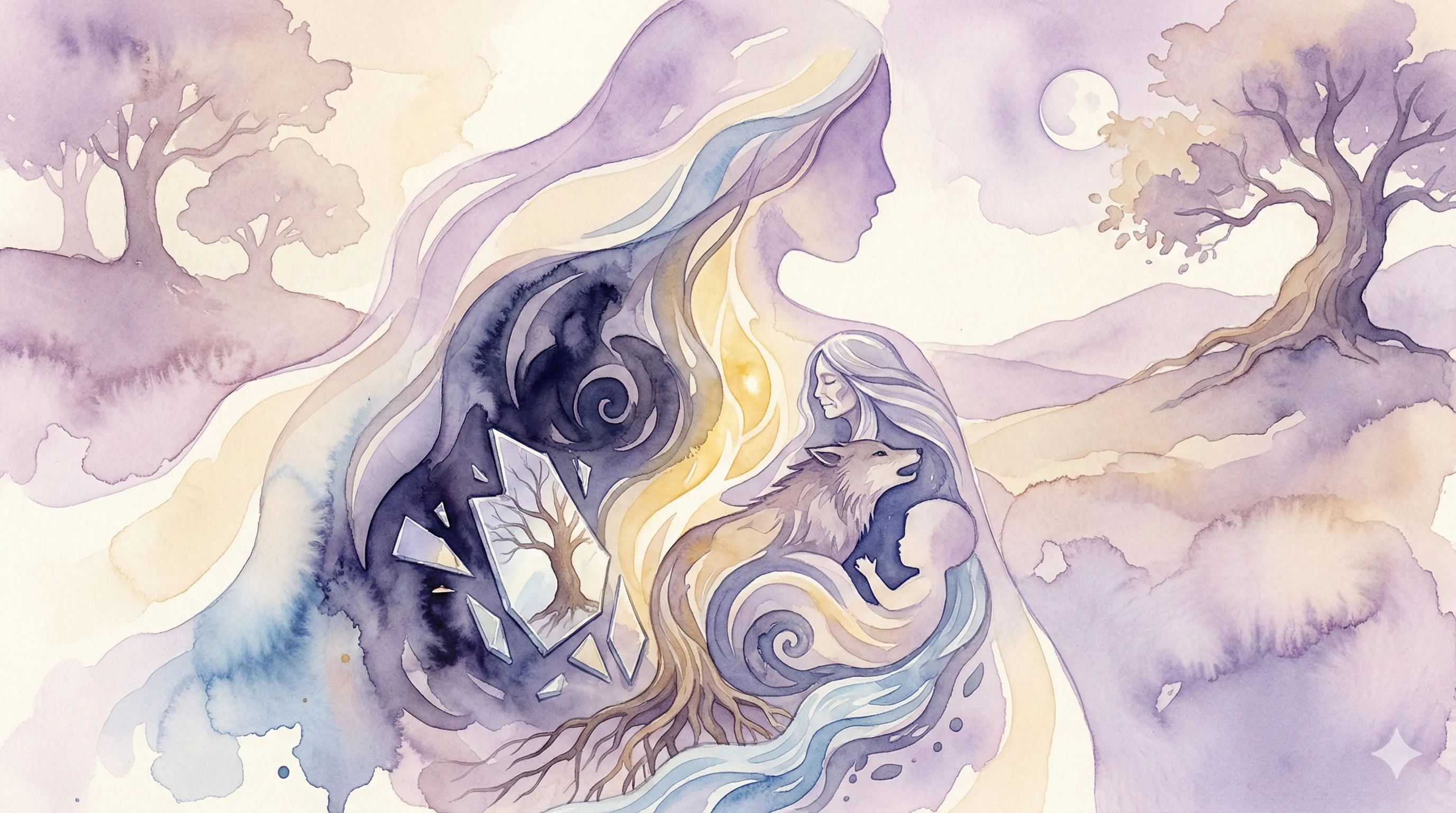 Ilustração em aquarela representando arquétipos junguianos — sombra, espelho e natureza