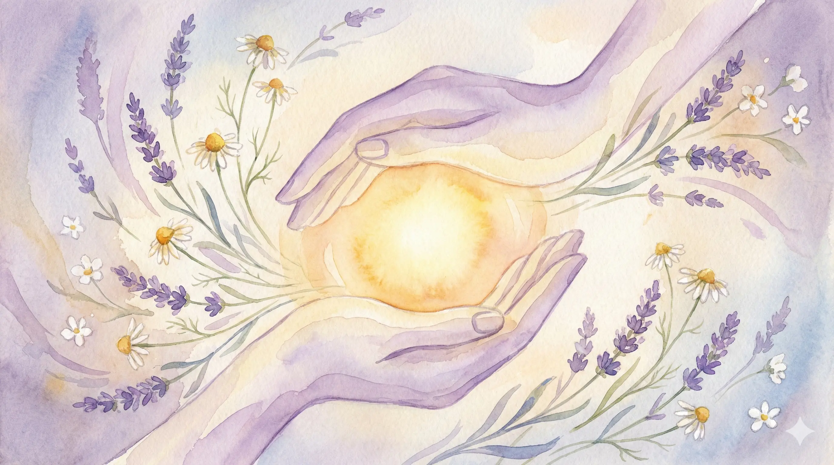 Ilustração em aquarela de mãos acolhendo uma luz suave, cercadas por lavanda e camomila