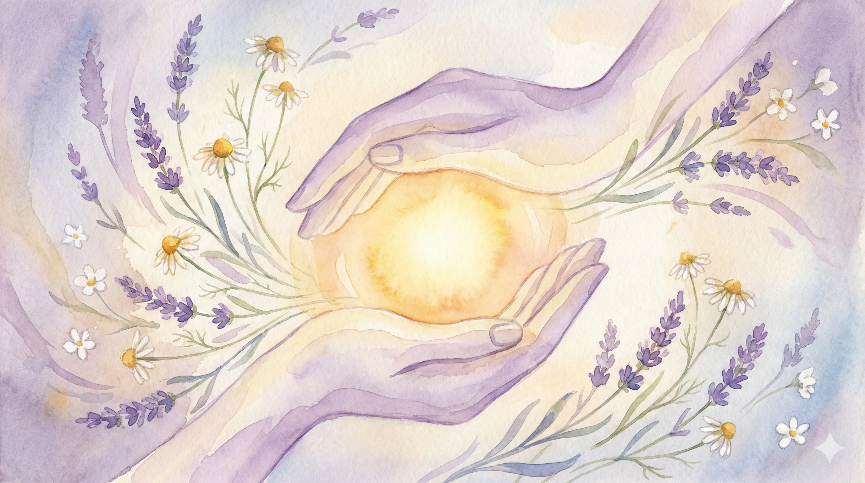 Ilustração em aquarela de mãos acolhendo uma luz suave, cercadas por lavanda e camomila