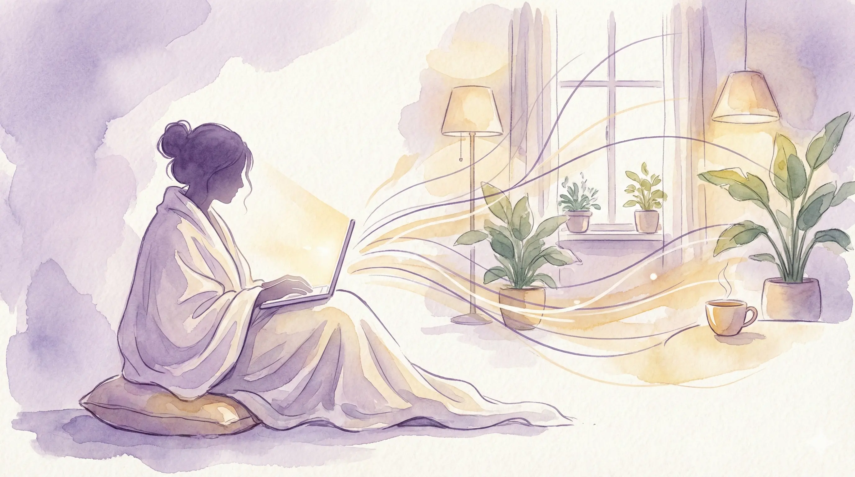 Ilustração em aquarela de mulher em terapia online em ambiente acolhedor