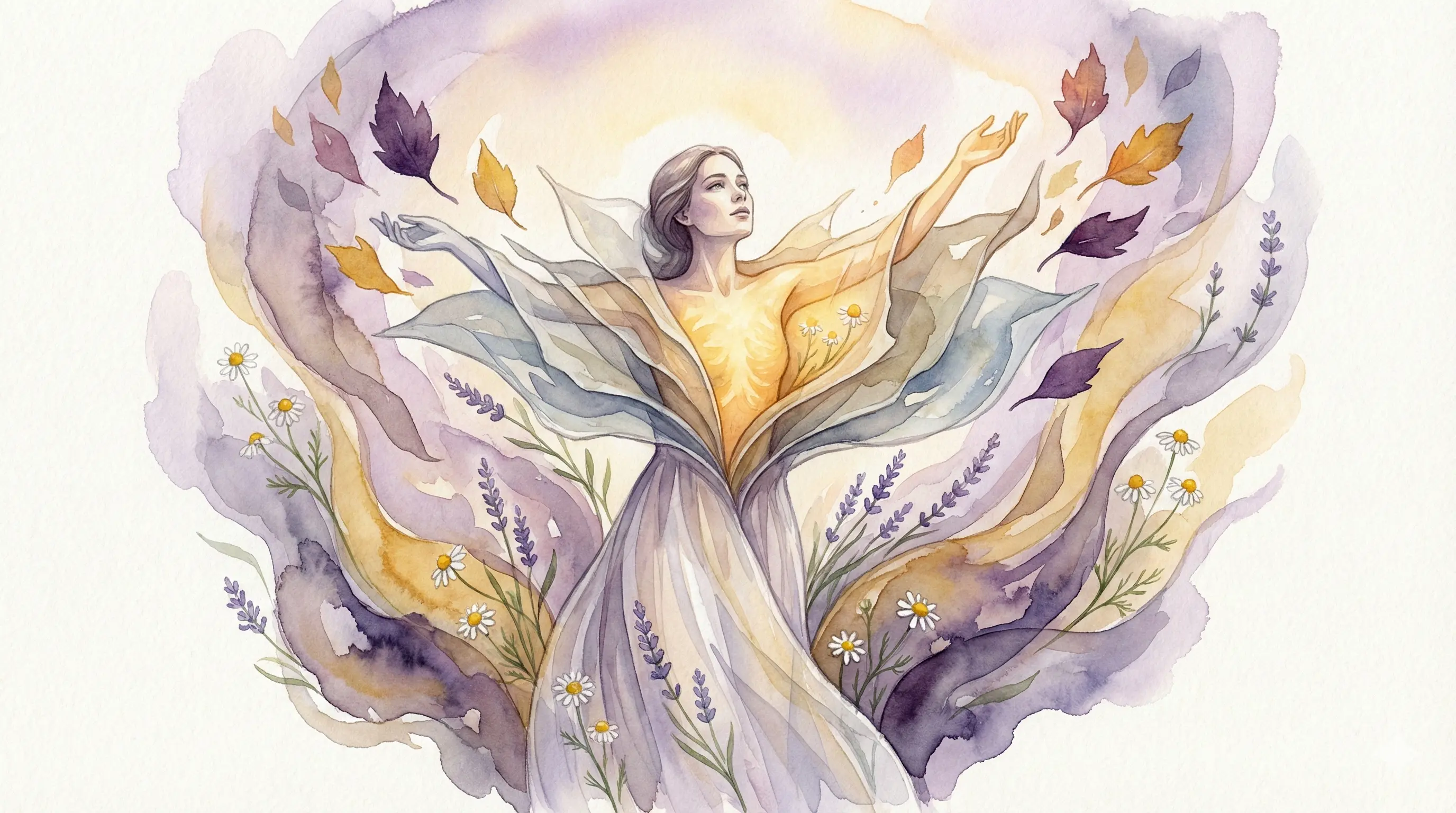 Ilustração em aquarela de uma mulher caminhando por uma encruzilhada com caminhos coloridos em tons de verde e dourado