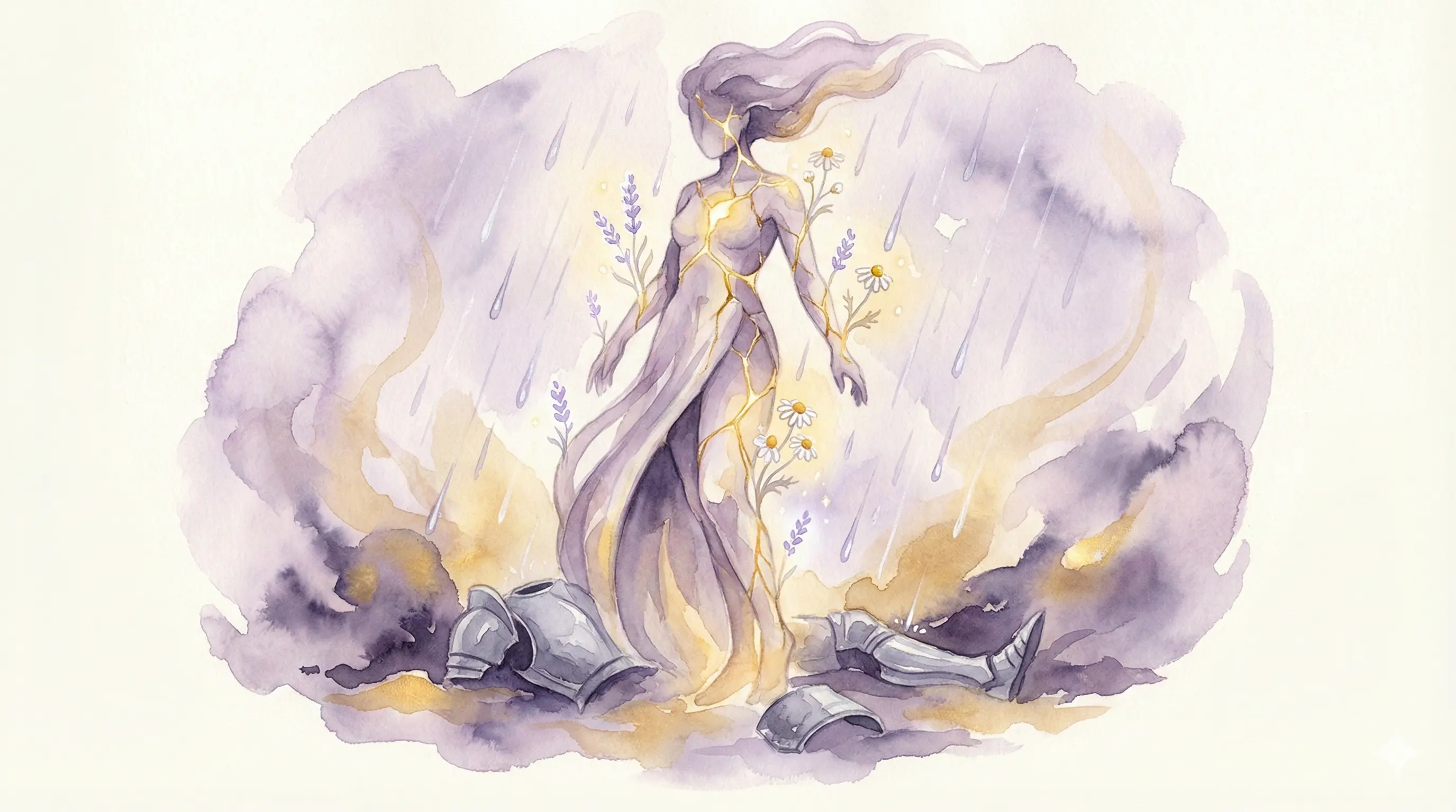 Ilustração em aquarela de mãos abertas segurando uma pequena luz dourada, com fundo em tons suaves de rosa e lilás